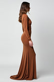 Caramel Mermaid Deep V Neck Long Sleeves Gala Dress