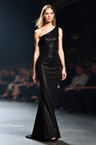 Sparkly One Shoulder Black Sheath Long Gala Dress with Beading