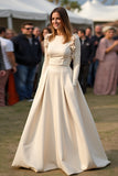 Apricot Long Sleeves A Line Appliques Gala Dress