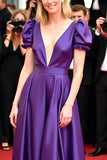 Dark Purple Short Sleeves A Line Deep V Neck Gala Dress