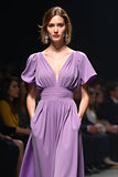 Purple A Line Short Sleeves V Neck Long Gala Dress