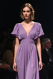 Purple A Line Short Sleeves V Neck Long Gala Dress