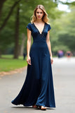 Navy Deep V Neck Short Sleeves Prom Dress with Beading