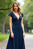 Navy Deep V Neck Short Sleeves Prom Dress with Beading