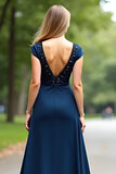 Navy Deep V Neck Short Sleeves Prom Dress with Beading