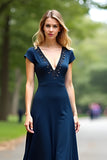 Navy Deep V Neck Short Sleeves Prom Dress with Beading