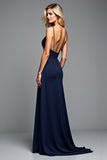 A Line Navy Spaghetti Straps Long Formal Dress