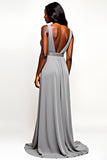 Grey Beaded V Neck Long Wedding Guest Dress