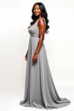 Grey Beaded V Neck Long Wedding Guest Dress