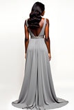 Grey Beaded V Neck Long Wedding Guest Dress