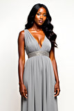 Grey Beaded V Neck Long Wedding Guest Dress