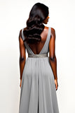 Grey Beaded V Neck Long Wedding Guest Dress