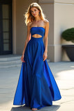 Hollow Out Blue A Line Long Wedding Guest Dress