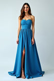 A Line Strapless Blue Long Wedding Guest Dress with Slit