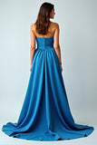 A Line Strapless Blue Long Wedding Guest Dress with Slit