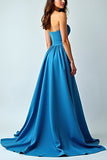 A Line Strapless Blue Long Wedding Guest Dress with Slit