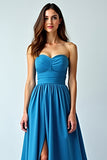 A Line Strapless Blue Long Wedding Guest Dress with Slit
