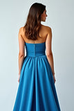 A Line Strapless Blue Long Wedding Guest Dress with Slit