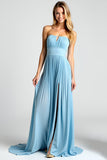 Blue A Line Long Pleated Wedding Guest Dress