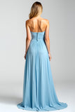 Blue A Line Long Pleated Wedding Guest Dress