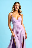 V Neck Pleated Purple Long Wedding Guest Dress With Slit