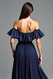 Navy Off The Shoulder A Line Long Formal Dress