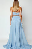 Blue Cut Out Strapless Long Wedding Guest Dress With Slit