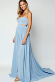 Blue Cut Out Strapless Long Wedding Guest Dress With Slit