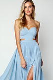 Blue Cut Out Strapless Long Wedding Guest Dress With Slit