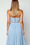 Blue Cut Out Strapless Long Wedding Guest Dress With Slit