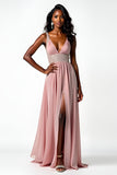 Blush V Neck Beaded Long Wedding Guest Dress with Slit