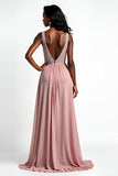 Blush V Neck Beaded Long Wedding Guest Dress with Slit