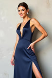 V-Neck Cross Back A Line Long Navy Formal Dress With Slit