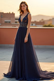 Navy Beaded Spaghetti Straps Long Formal Dress
