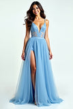 Light Blue Tulle Spaghetti Straps A Line Ruched Prom Dress with Slit