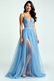 Light Blue Tulle Spaghetti Straps A Line Ruched Prom Dress with Slit