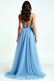 Light Blue Tulle Spaghetti Straps A Line Ruched Prom Dress with Slit