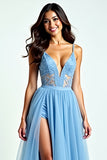 Light Blue Tulle Spaghetti Straps A Line Ruched Prom Dress with Slit