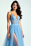 Light Blue Tulle Spaghetti Straps A Line Ruched Prom Dress with Slit