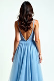 Light Blue Tulle Spaghetti Straps A Line Ruched Prom Dress with Slit