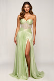 Strapless Sage A Line Ruched Appliques Prom Dress with Slit