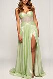 Strapless Sage A Line Ruched Appliques Prom Dress with Slit