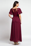 Burgundy Lace Round Neck A Line Lace Wedding Guest Dress With Slit