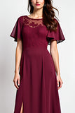 Burgundy Lace Round Neck A Line Lace Wedding Guest Dress With Slit