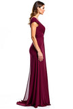 Burgundy V-Neck Cap Sleeve Long Formal Dress With Slit