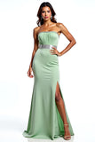 Dusty Sage Strapless Sheath Beaded Prom Dress with Slit