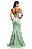 Dusty Sage Strapless Sheath Beaded Prom Dress with Slit
