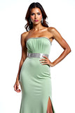 Dusty Sage Strapless Sheath Beaded Prom Dress with Slit
