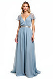 Dusty Blue A Line V Neck Chiffon Long Wedding Guest Dress