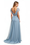 Dusty Blue A Line V Neck Chiffon Long Wedding Guest Dress